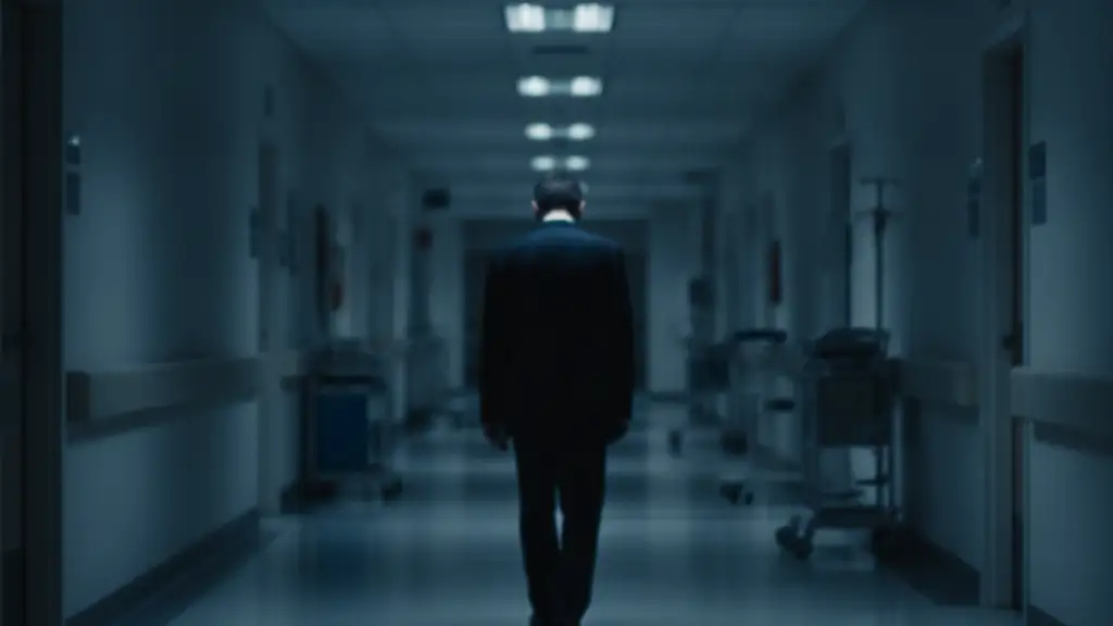 Blurred figure of a man walking down a sterile, dimly lit hospital corridor.
