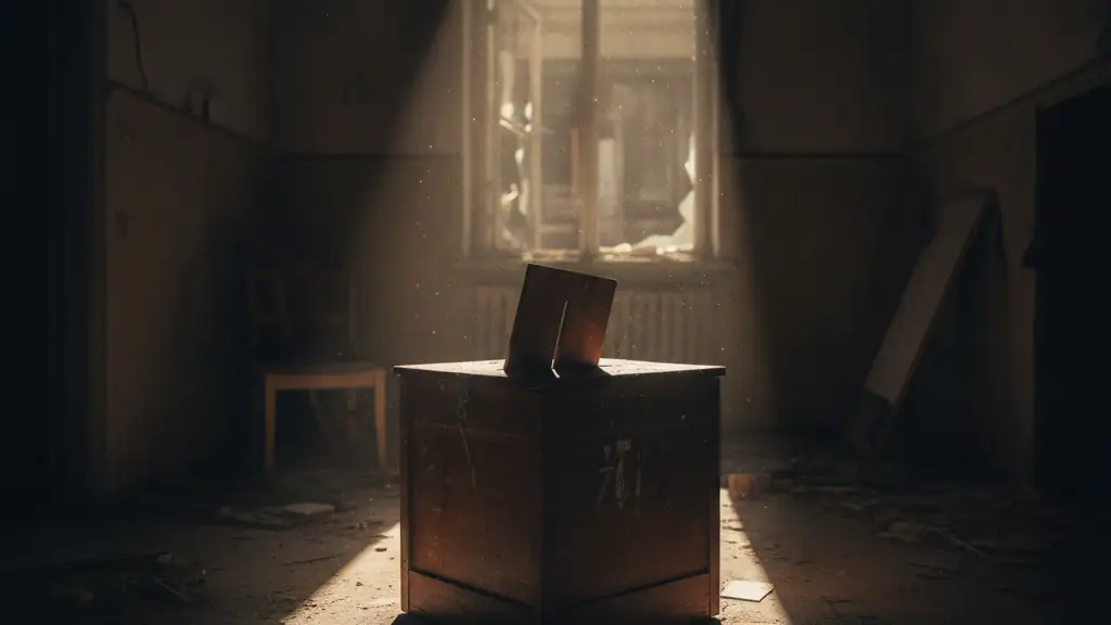 A lone, wooden ballot box in a dimly lit, war-torn room.