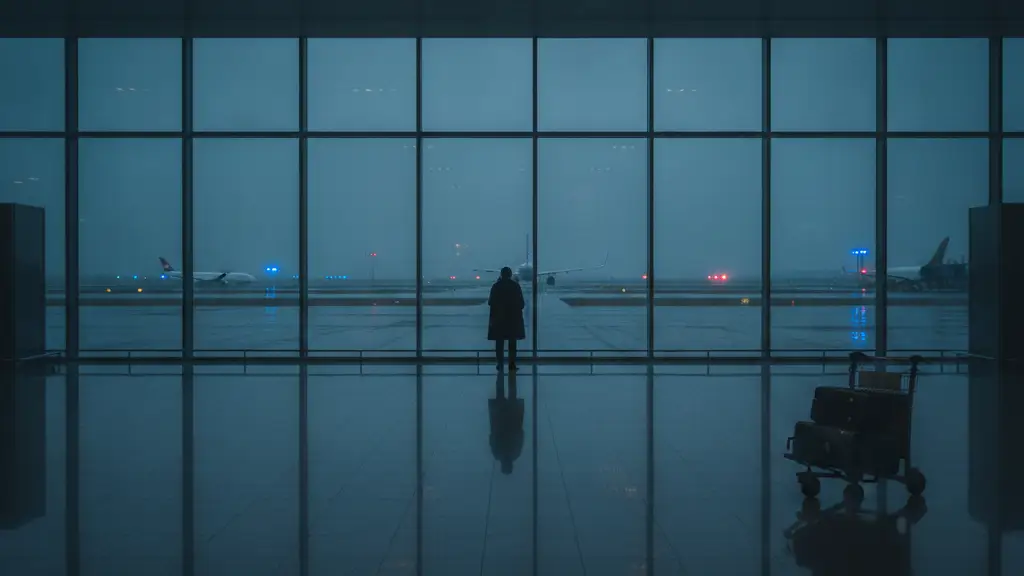 A lone figure in a dimly lit, empty airport terminal looking out at a blurred runway.