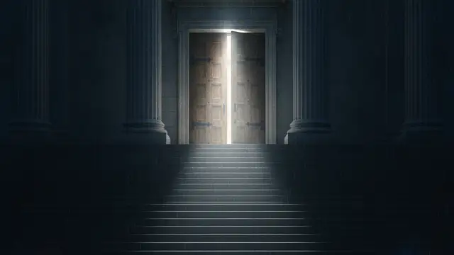 Grand courthouse steps at dusk, a slightly ajar door with bright light escaping.