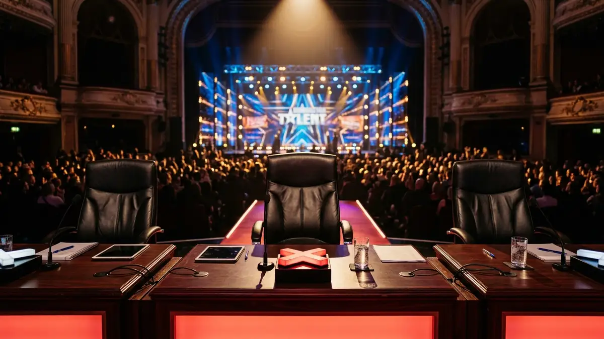 A central empty judge's chair and red buzzer on a desk in a theater.