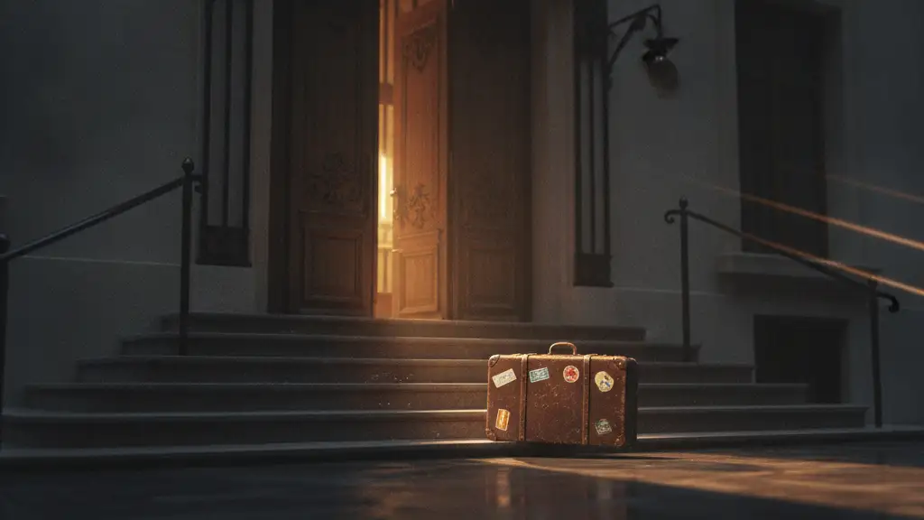 An abandoned suitcase on the steps of a grand, partially obscured hotel entrance.