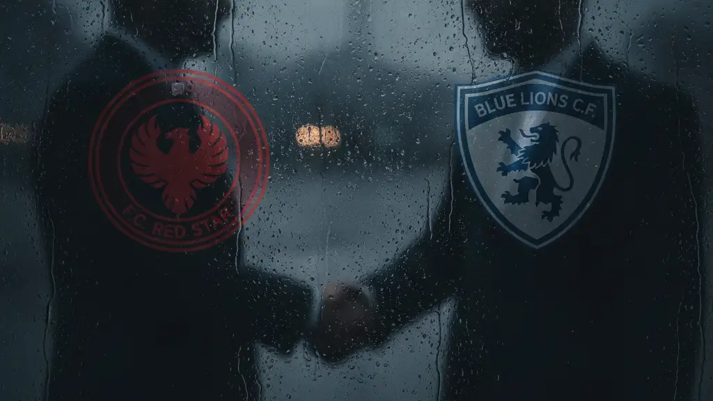 Two football club crests reflected in a dark, rain-slicked window, suggesting transfer negotiations.