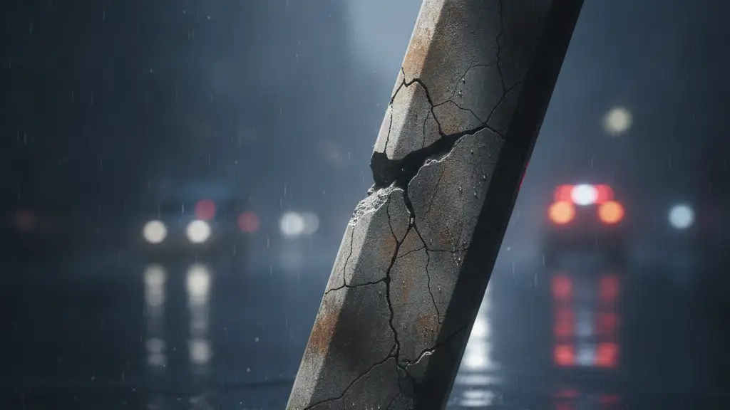 Cracked concrete pillar against a blurred background of emergency lights reflecting on a wet street.