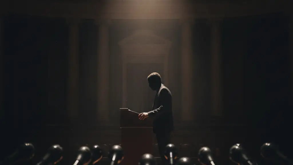 Silhouetted figure at a podium, hand gripping it, surrounded by microphones.