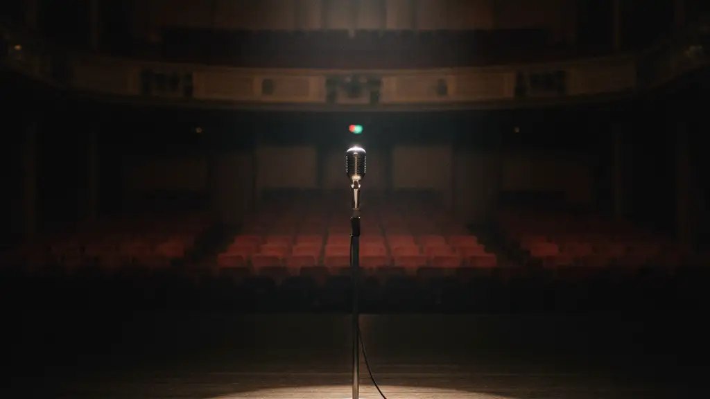 A lone vintage microphone stand under a single spotlight on an empty stage.