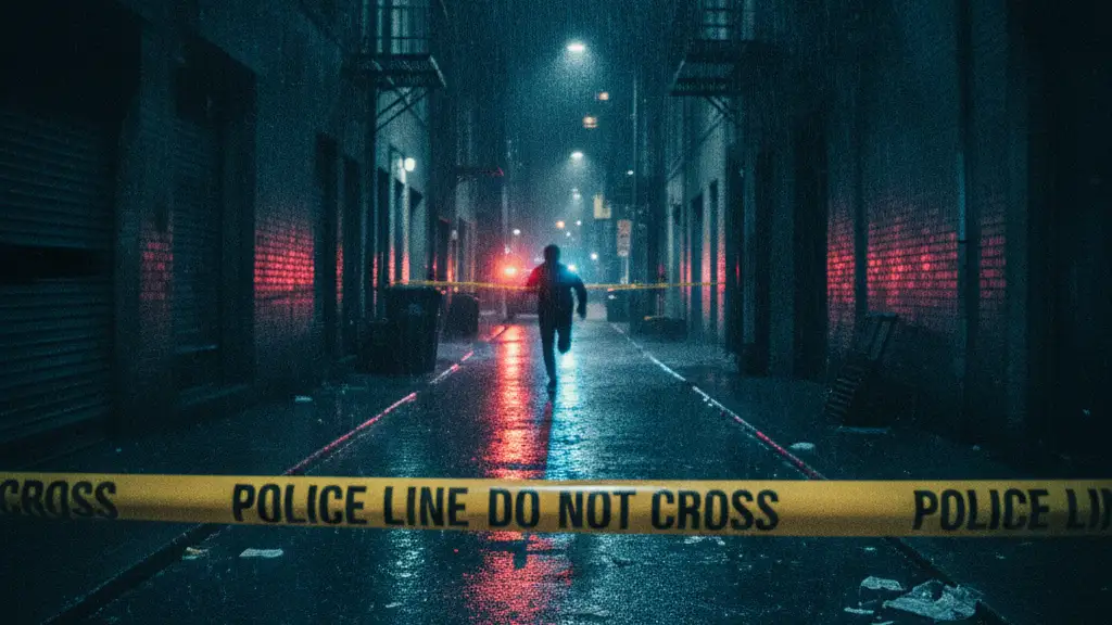 Police tape in a rainy city alley at night, blurred figure running.