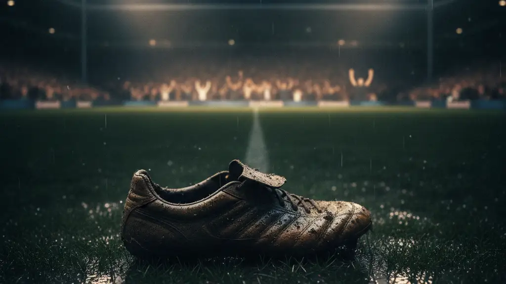 A muddy football boot lies discarded on a wet pitch under stadium lights.