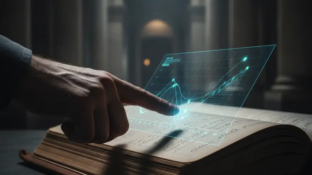 A blurred hand points at a complex digital graph on a vintage ledger.