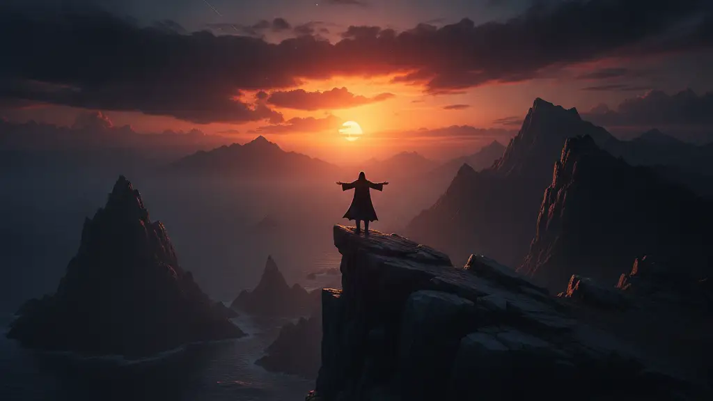 Silhouetted figure on cliff watching partial solar eclipse and meteor shower.