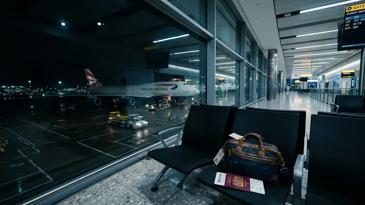 A British passport and luggage sit on an empty airport seat overlooking a dark runway.