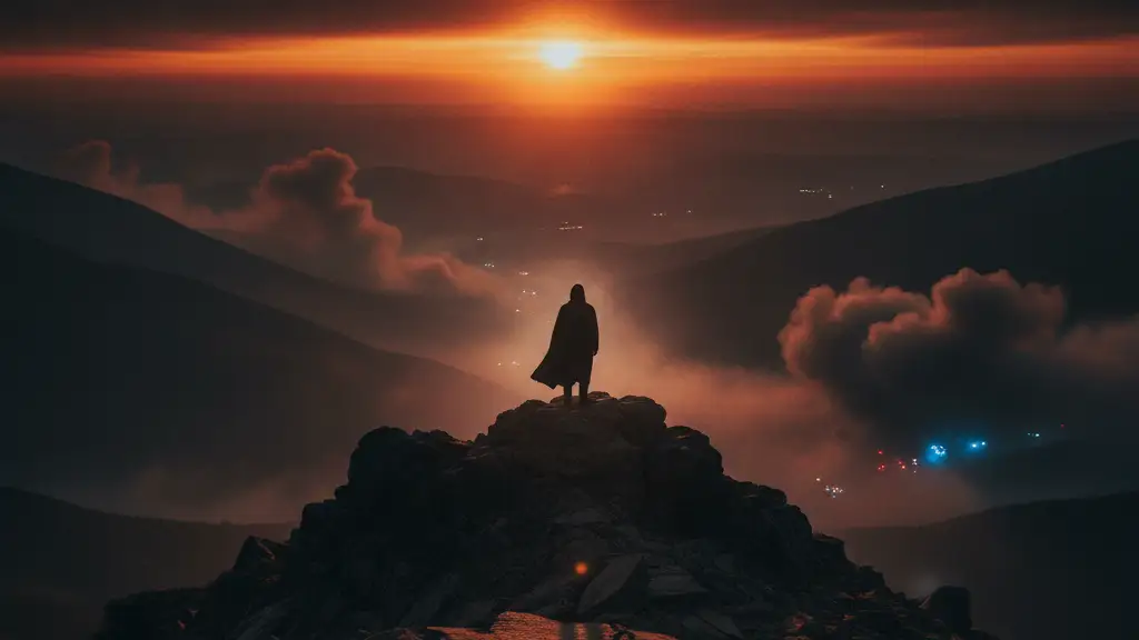 A silhouetted figure watches a smoke-filled valley under a fiery, red-orange sky.