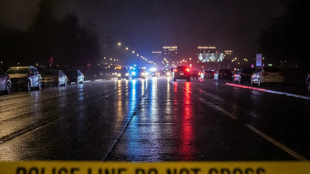 Emergency lights reflecting on a wet road with police tape in the foreground.