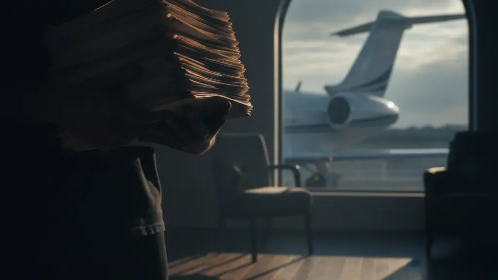 Silhouette holding papers, private jet tail blurred in background.