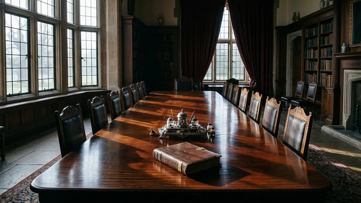 An empty, formal mahogany boardroom table with a silver inkwell in a historic royal setting.
