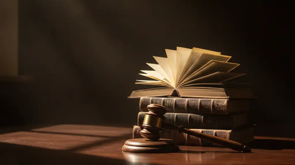 A heavy wooden gavel rests on a dark, polished mahogany desk.