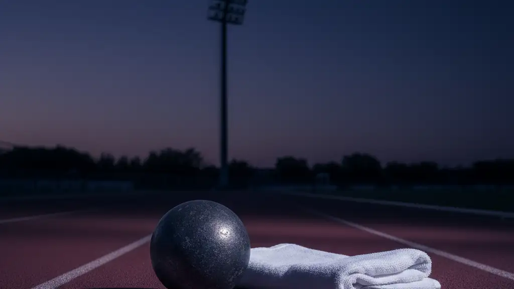 A shot put ball and white towel resting on an empty, darkened athletics track.