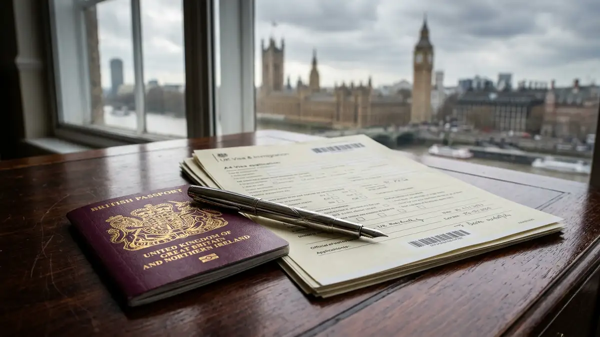 A British passport and visa documents on a desk with a blurred Parliament background.