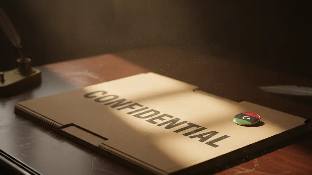 A weathered 'CONFIDENTIAL' file folder with a Libyan flag pin on a dark desk.