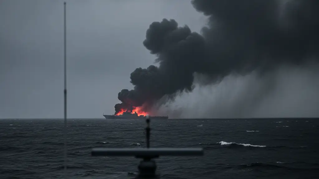 Silhouette of a warship with smoke, stormy sea, radar dish in foreground.