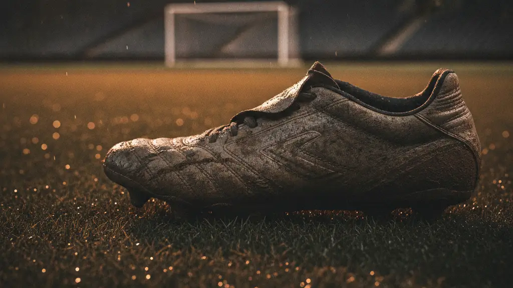 A muddy football boot on a wet pitch under stadium lights.