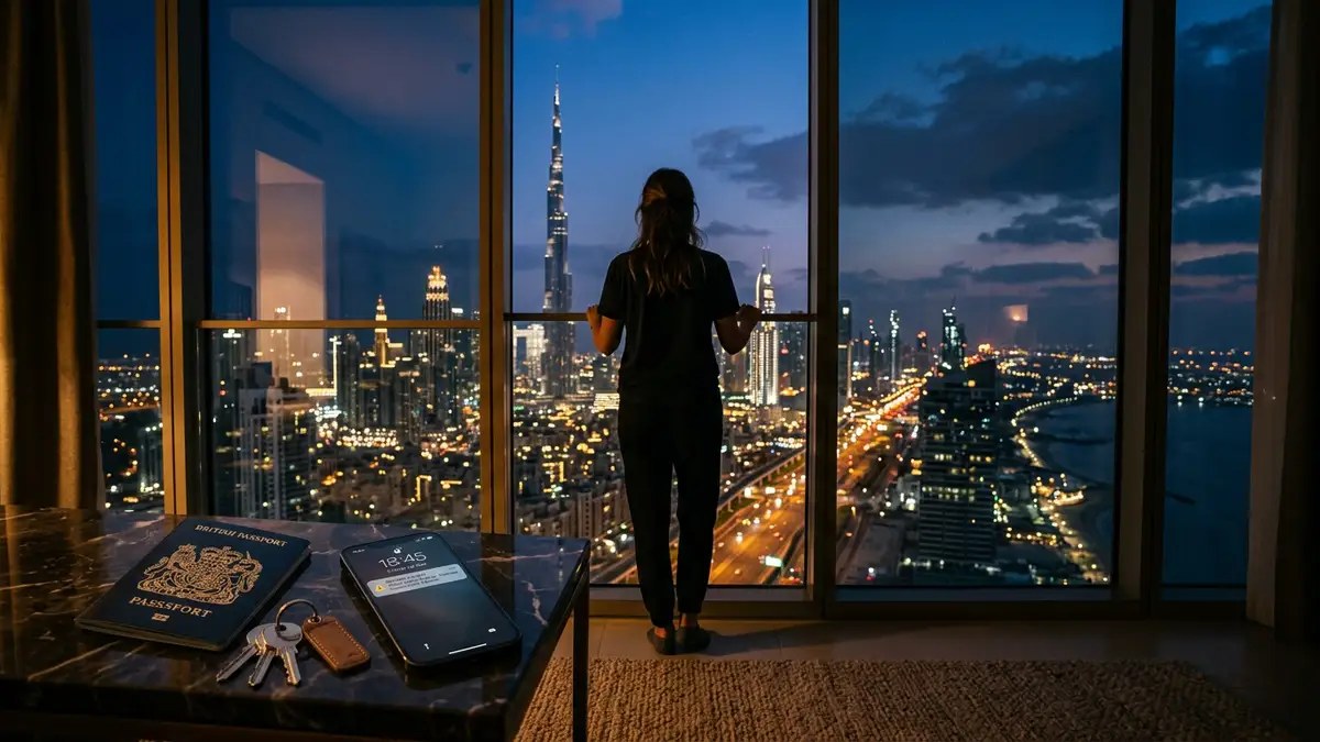 A silhouette looking at the Dubai skyline with a British passport on a table.