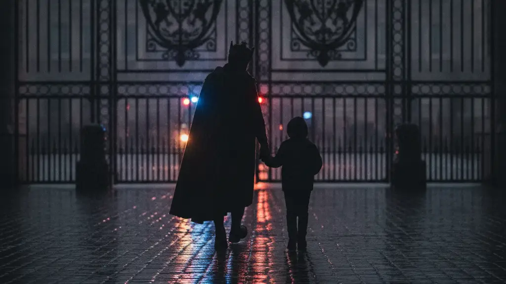 Silhouetted figure holding a child's hand, walking from a grand palace gate.
