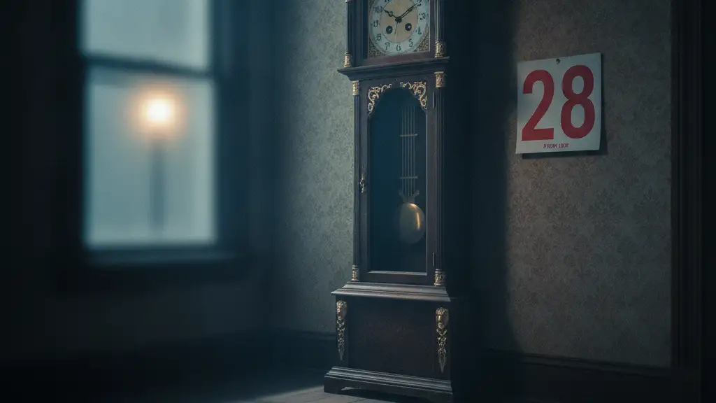 Antique grandfather clock with a calendar showing December 28.