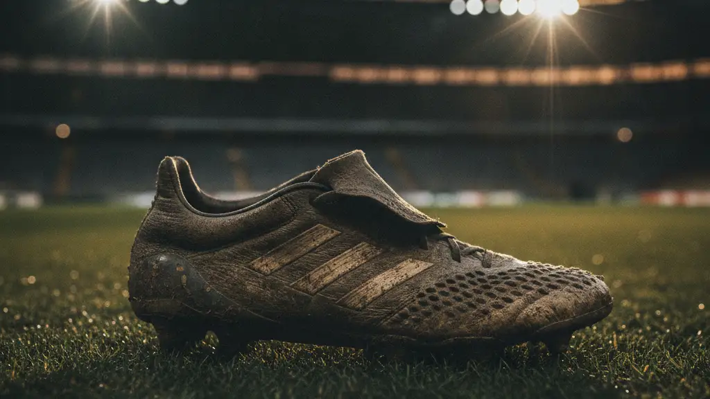 A close-up of a football boot on a blurred stadium pitch under lights.
