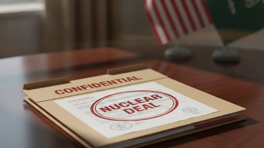 Confidential nuclear deal file on a mahogany desk with blurred flags.