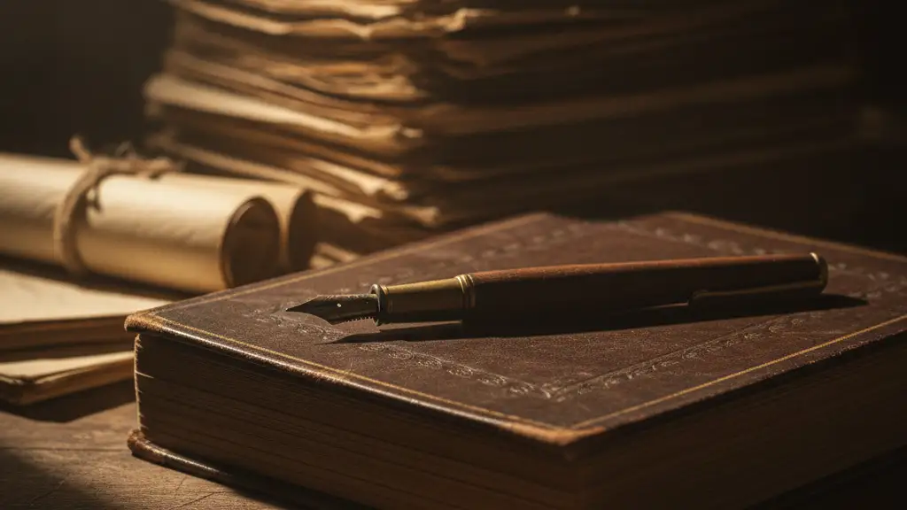 Close-up of a ledger and pen on a desk with dramatic lighting.