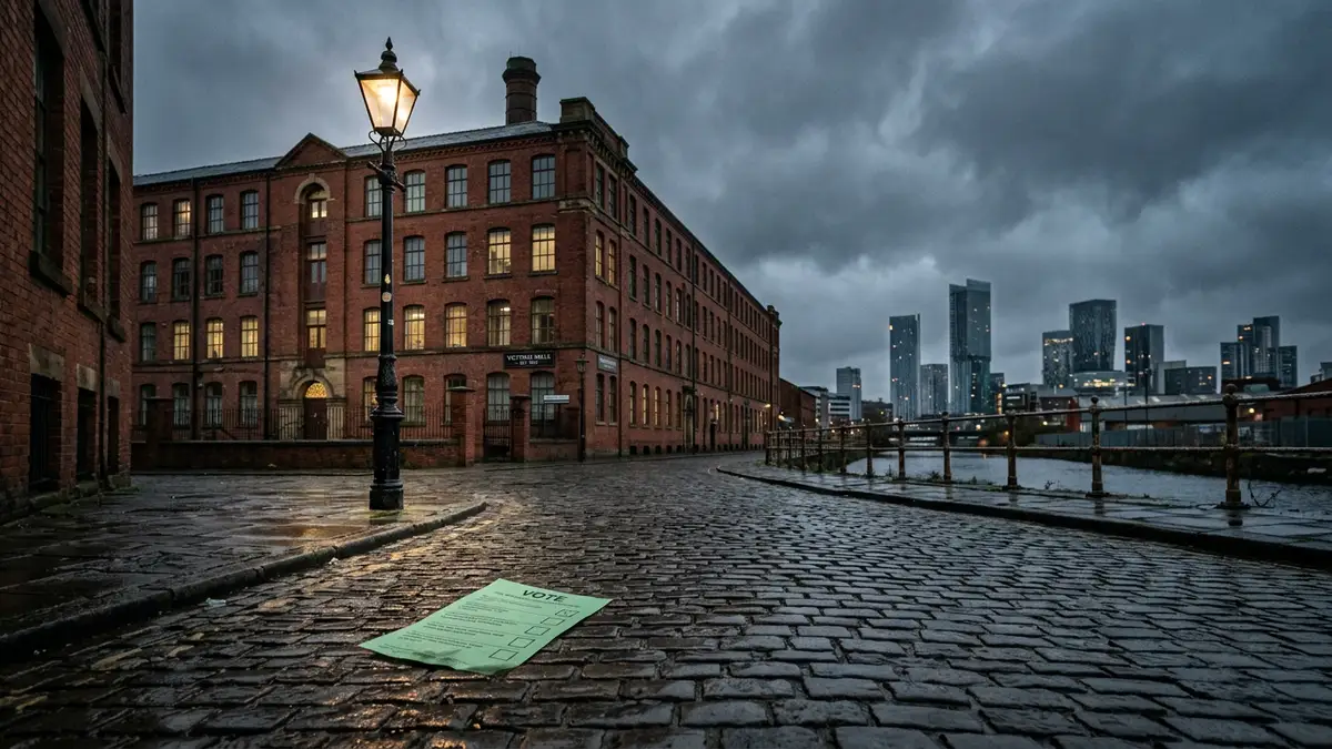 A green ballot paper on a wet cobblestone street in front of Manchester brick buildings.