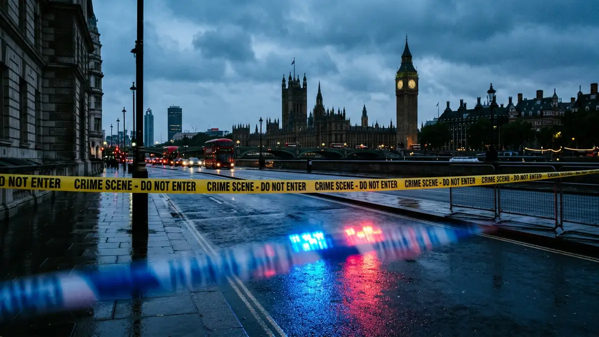 Police tape and emergency vehicle lights in London with the Houses of Parliament in background.