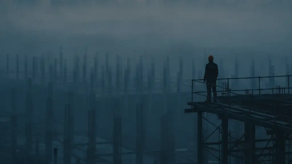 Silhouetted construction worker overlooking a vast, misty urban landscape of rising buildings.