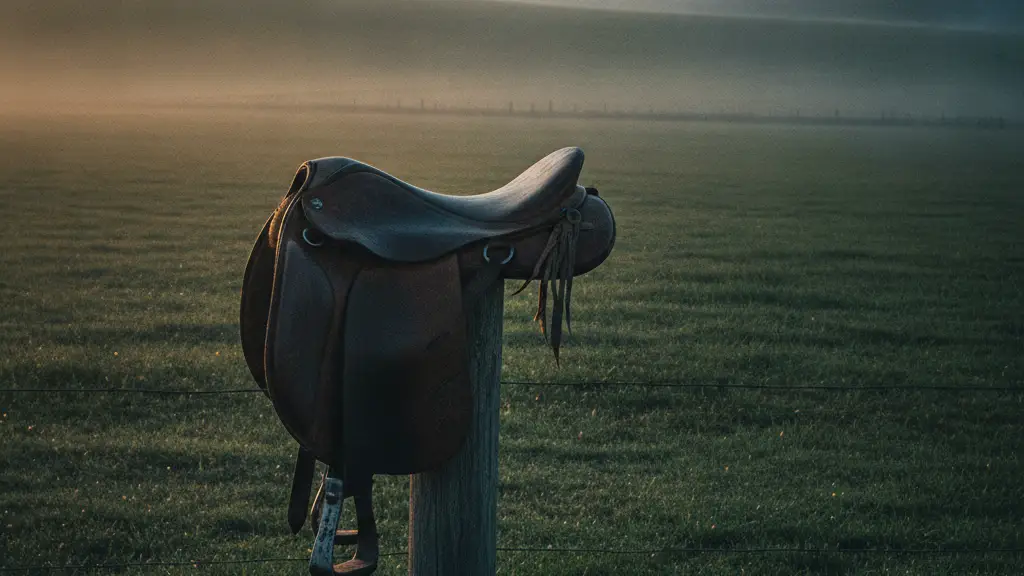A lone, weathered horse saddle rests on a wooden fence post in a misty field.