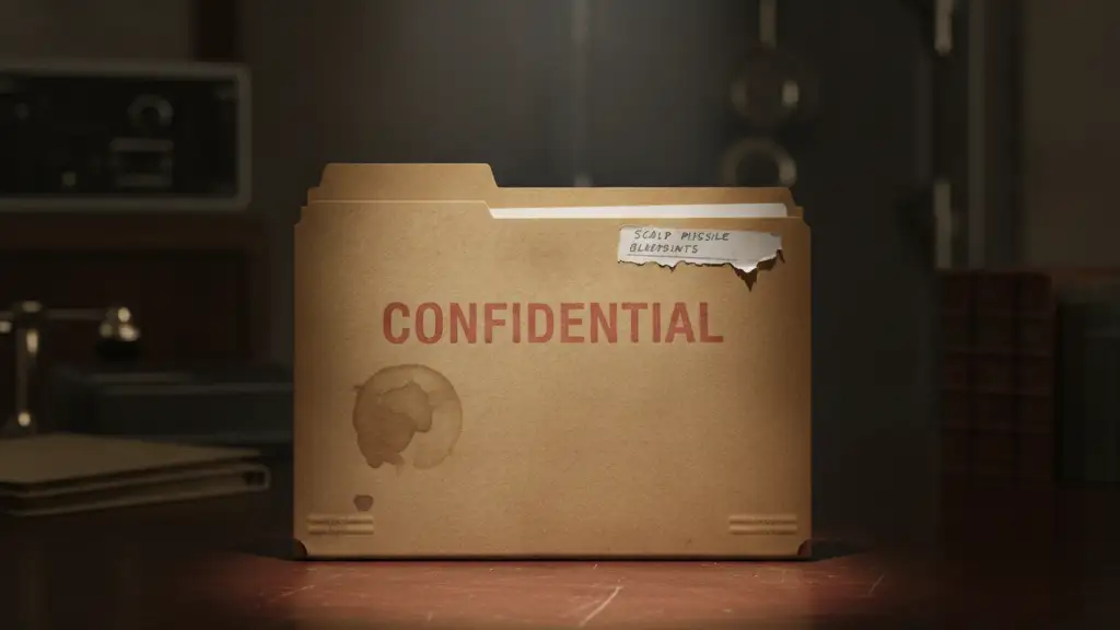 Confidential file folder labeled 'SCALP MISSILE BLUEPRINTS' on a dark desk.