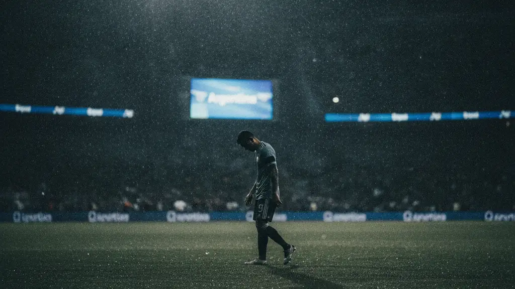 Silhouetted football player walks off a rain-slicked pitch under stadium lights.