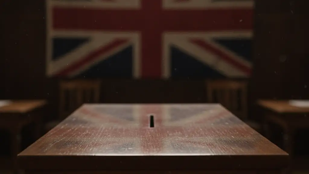 A ballot box with a blurred Union Jack flag in the background.