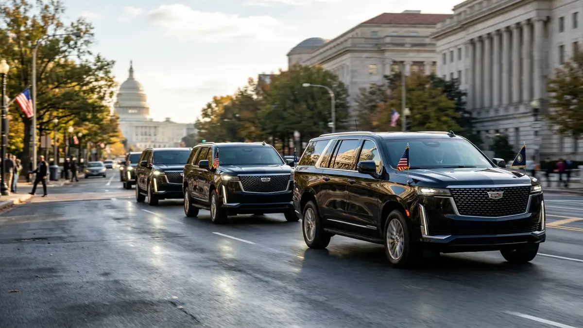 Motorcade of official sedans reflecting Washington D.C. architecture, conveying diplomatic arrival.
