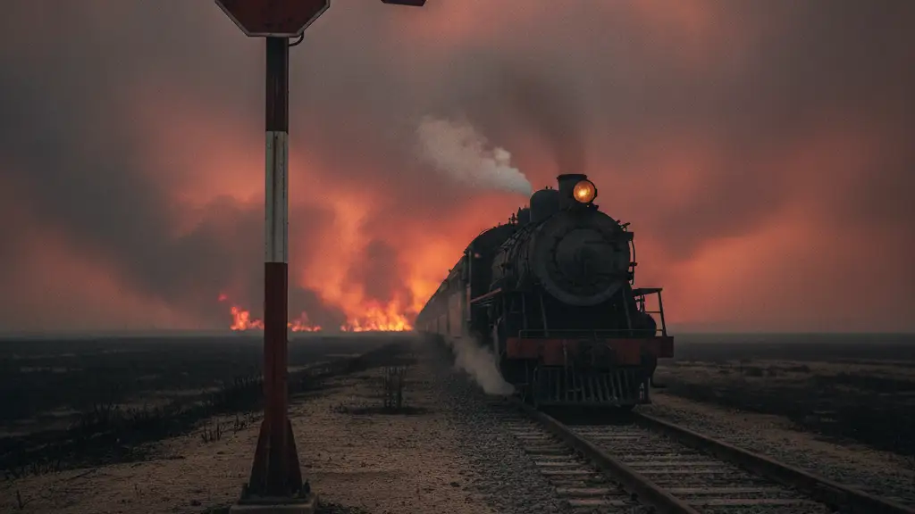 A silhouetted steam train halted on tracks against a smoke-filled, hazy horizon.
