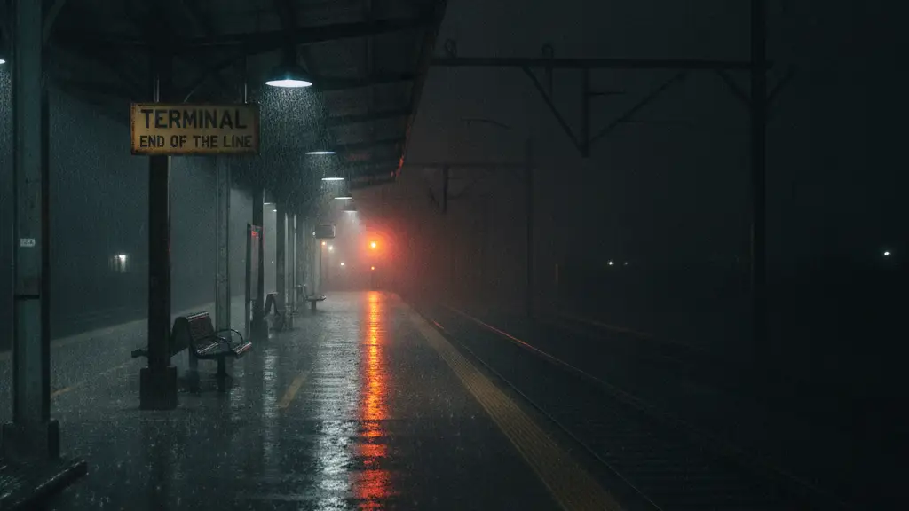 Empty, rain-slicked train platform at night with distant signal light reflection.