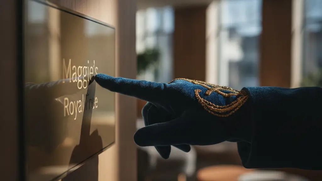 A gloved hand gently touches a brass plaque for a cancer support center.