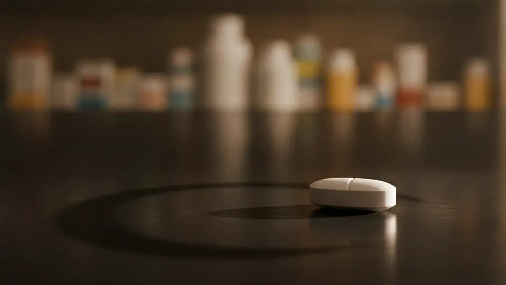 A single white pill on a dark, reflective surface in a pharmacy setting.