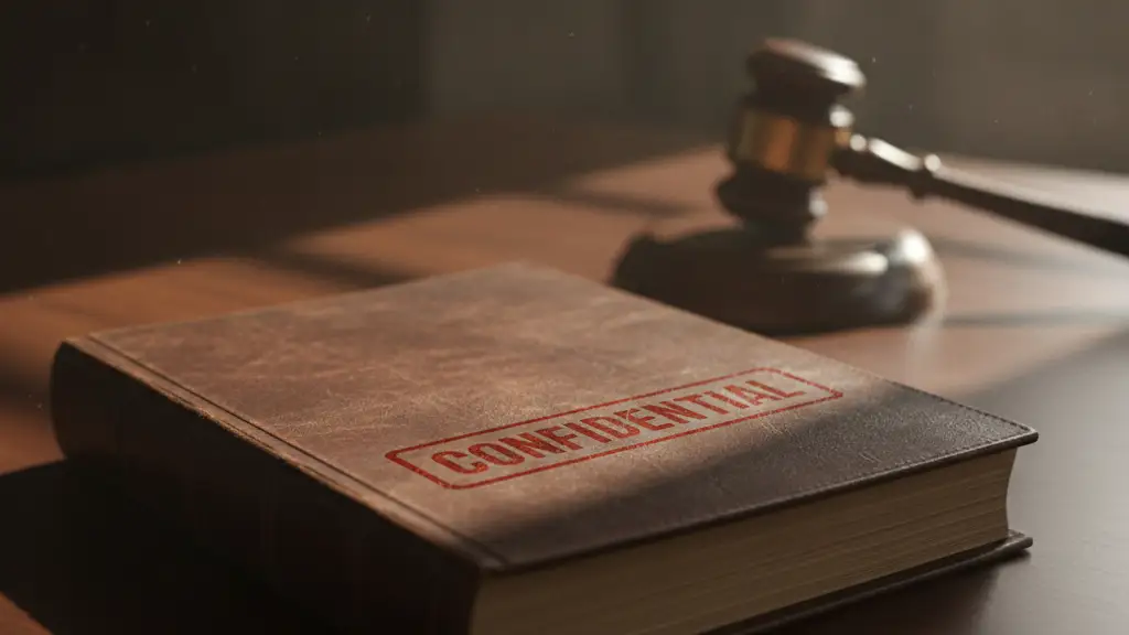 Confidential legal brief on a desk with a blurred gavel in the background.