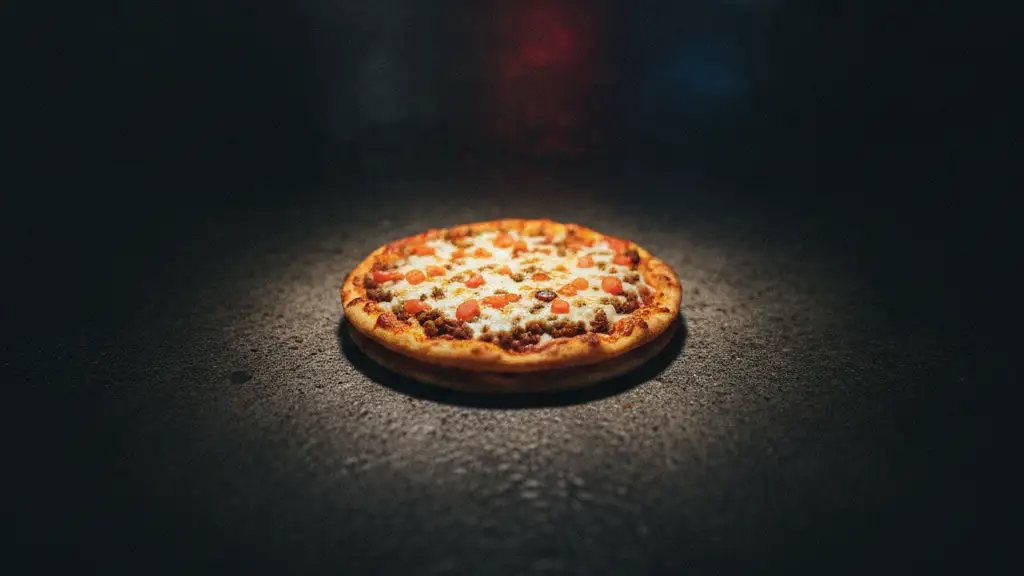 A dramatically lit, slightly blurred Taco Bell Mexican Pizza on a dark surface.