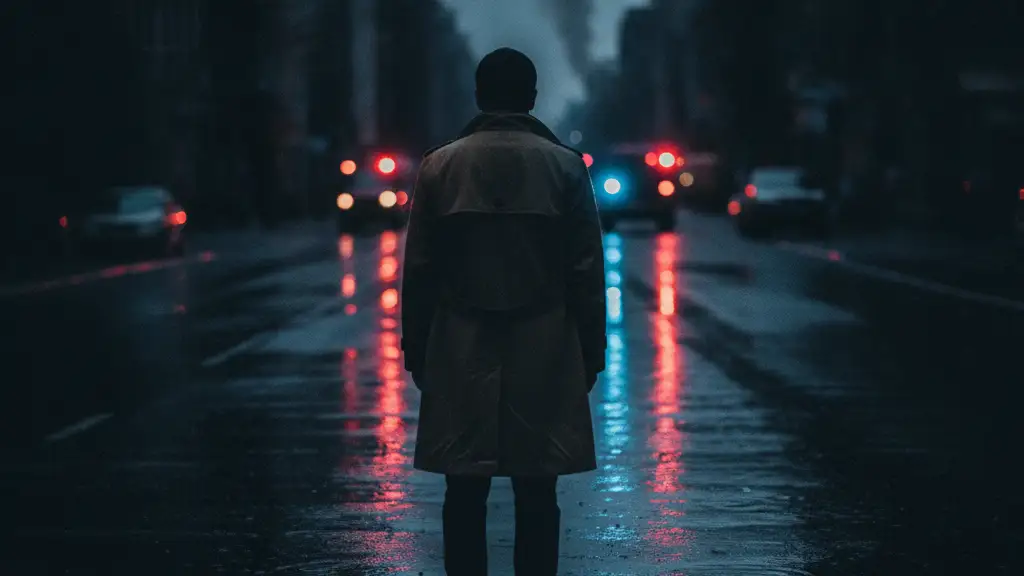 Silhouetted figure overlooks street with blurred emergency light reflections in puddles.