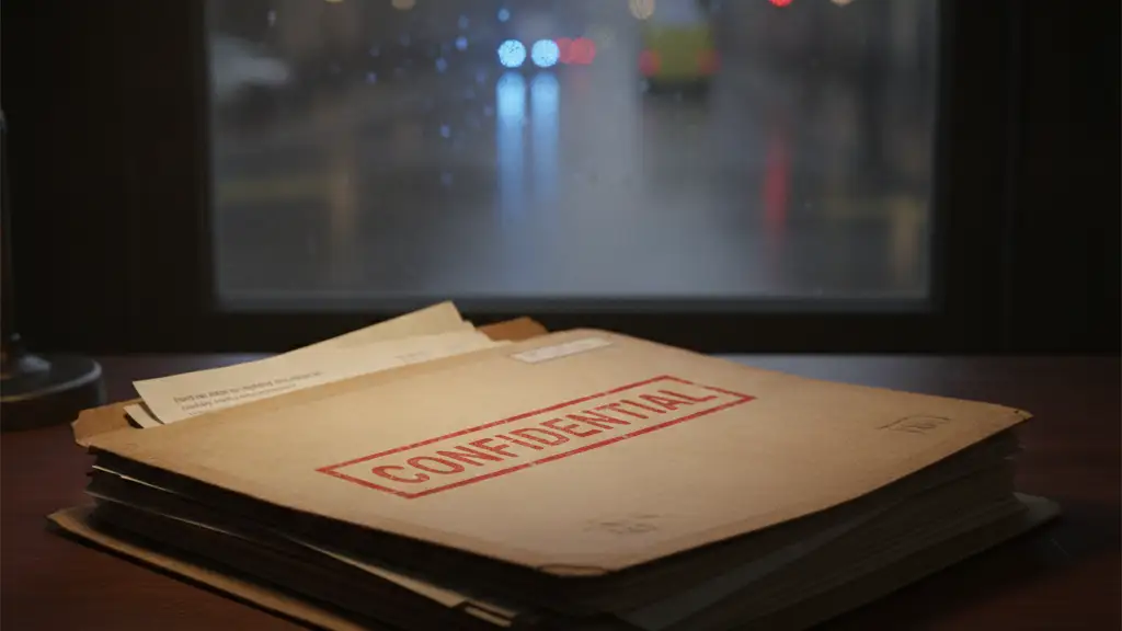 Confidential file folder on a dark desk, blurred London street in background.