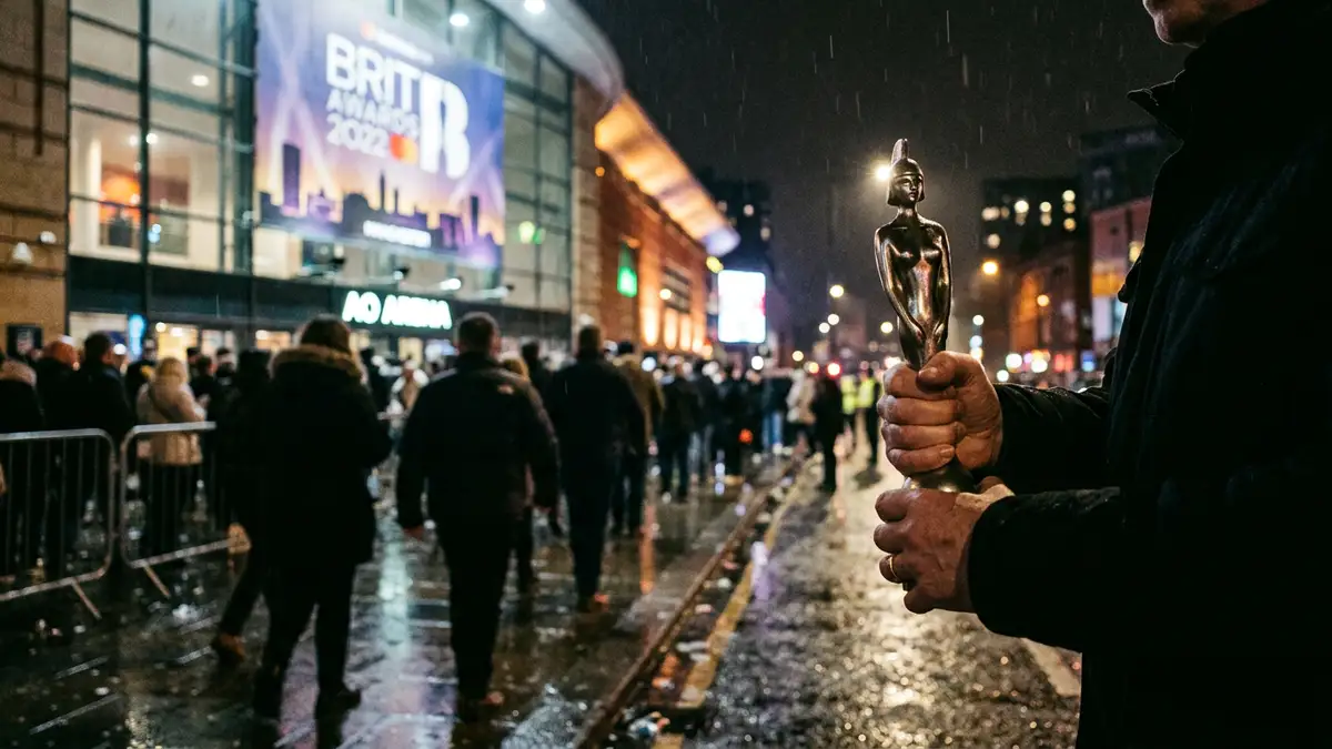 A high-fidelity, photorealistic editorial news image. STRICT RULES: NO human faces, NO identifiable people, NO named likenesses. Use symbolic representation: silhouettes, objects, props, or atmospheric scenes. Focus on environment, textures, and mood rather than people. Subject: Noel Gallagher Secures Songwriter of the Year at Manchester BRIT Awards. Style: 35mm lens, cinematic lighting, 16:9 aspect ratio, no text or borders.