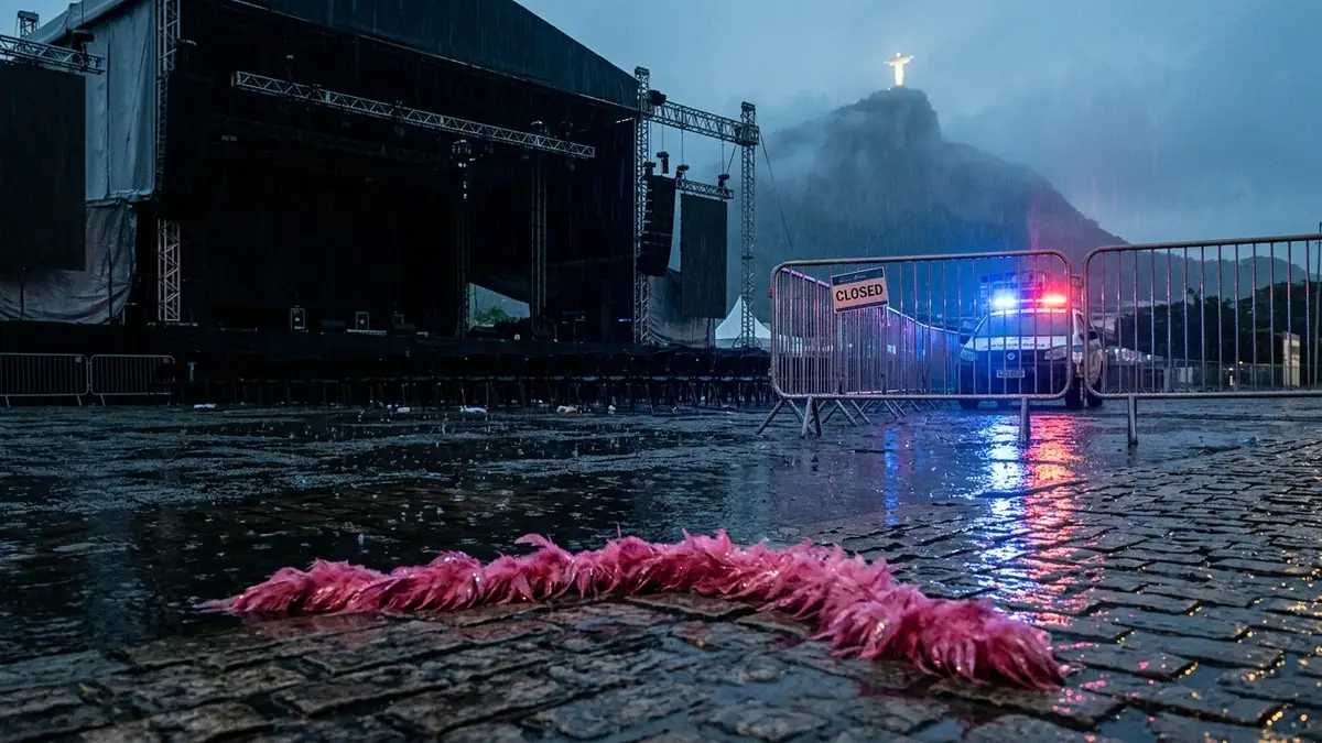 A discarded pink feather boa on a wet Rio street with police lights and mist.