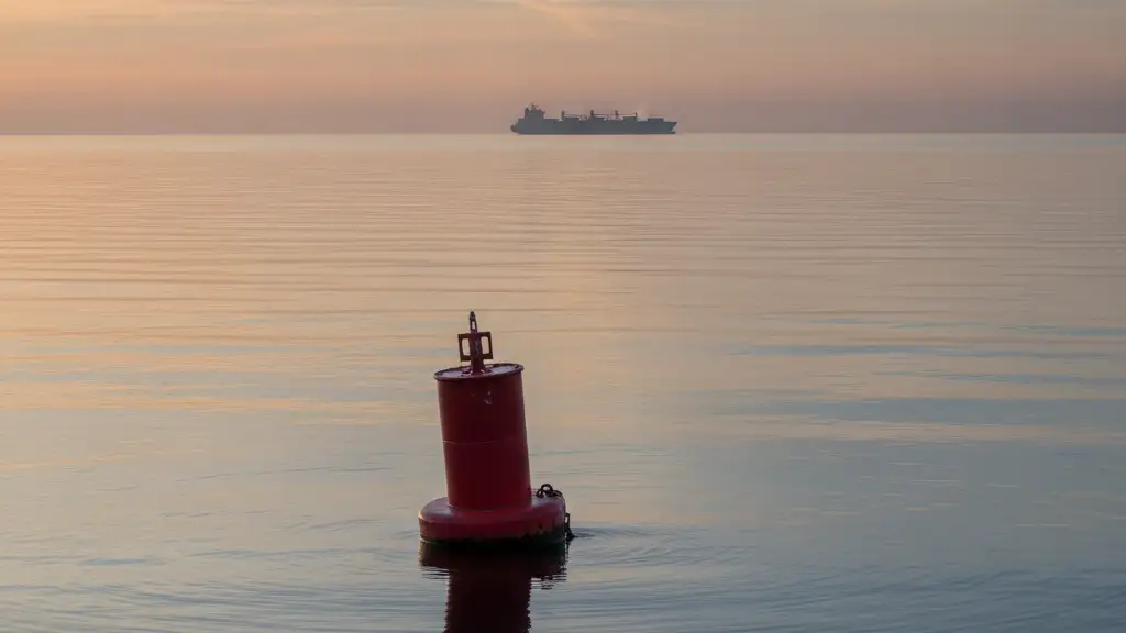 Red buoy floating in calm ocean at dawn, distant ship silhouette on horizon.